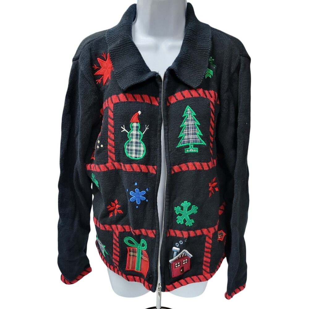 VTG Christmas Sweater Womens XL Cardigan cozy bear cabin snow Embroidered Zip